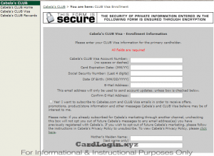 Activation form for Cabela's Club Visa card